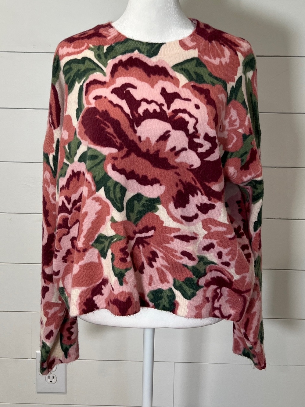 CeCe Floral Crewneck Sweater in Pink, Burgundy & Green